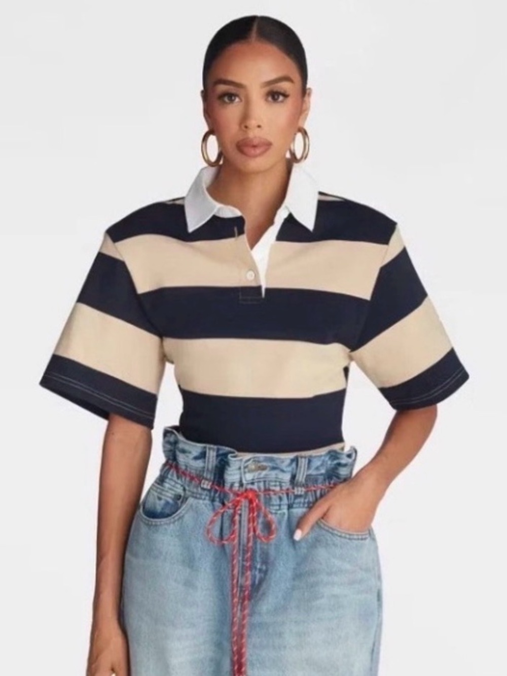 KBB by KAHLANA Striped Rugby Polo Top in Navy and Cream $40 firm price.